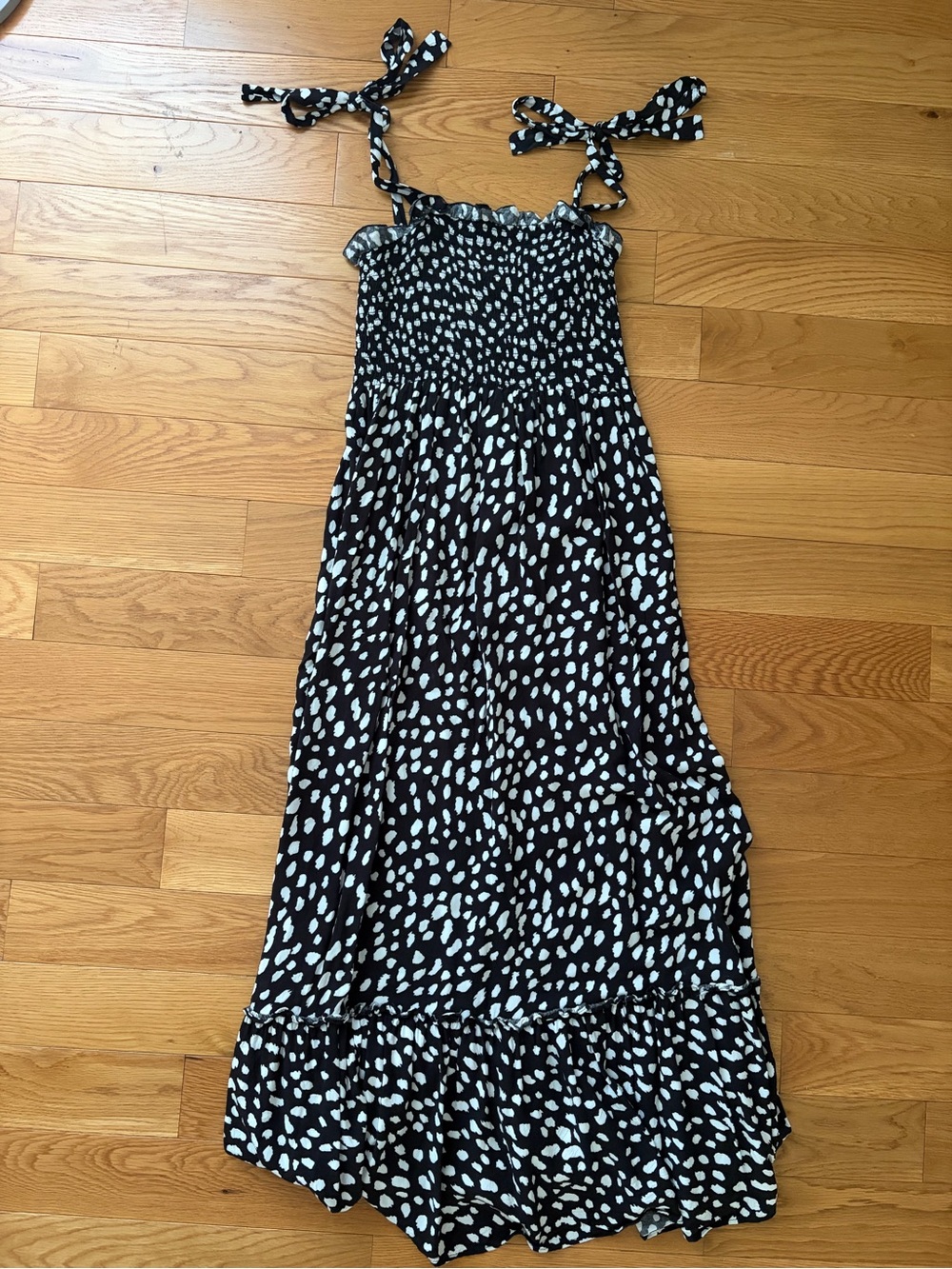 Black & White Smocked Tie-Shoulder Maxi Dress